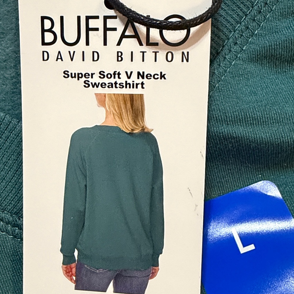 Buffalo David Bitton Women's V-Neck Sweatshirt Teal L, NWT - Picture 3 of 3